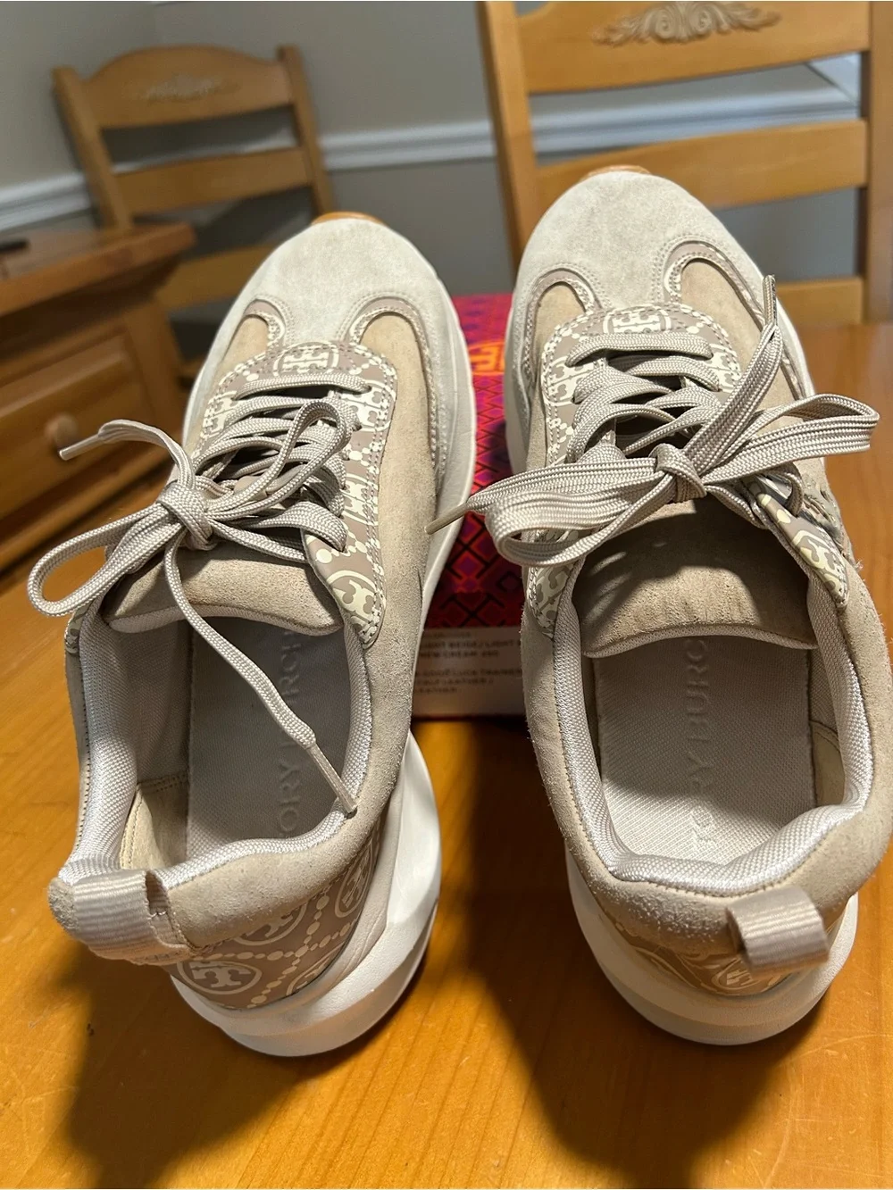 Tory Burch Light Beige Suede T monogram good luck trainer